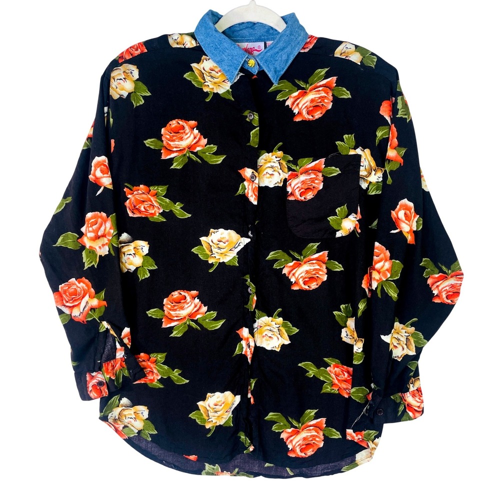 Penny Lane Vintage Floral Button Down Shirt Black Orange Roses Denim Collar M